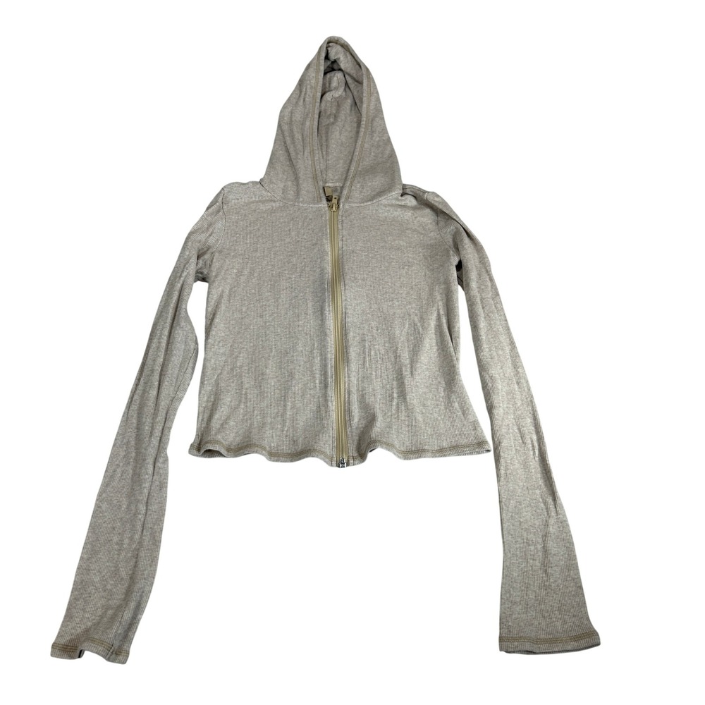 SKIMS Cotton Rib Full Zip Hoodie Oatmeal Heather Small Long Sleeve Cropped